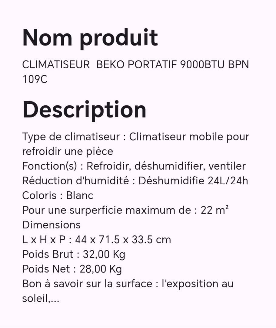 CLIMATISEUR BEKO PORTATIF 9000BTU BPN 109C CLIMATISEUR BEKO PORTATIF 9000BTU BPN 109C