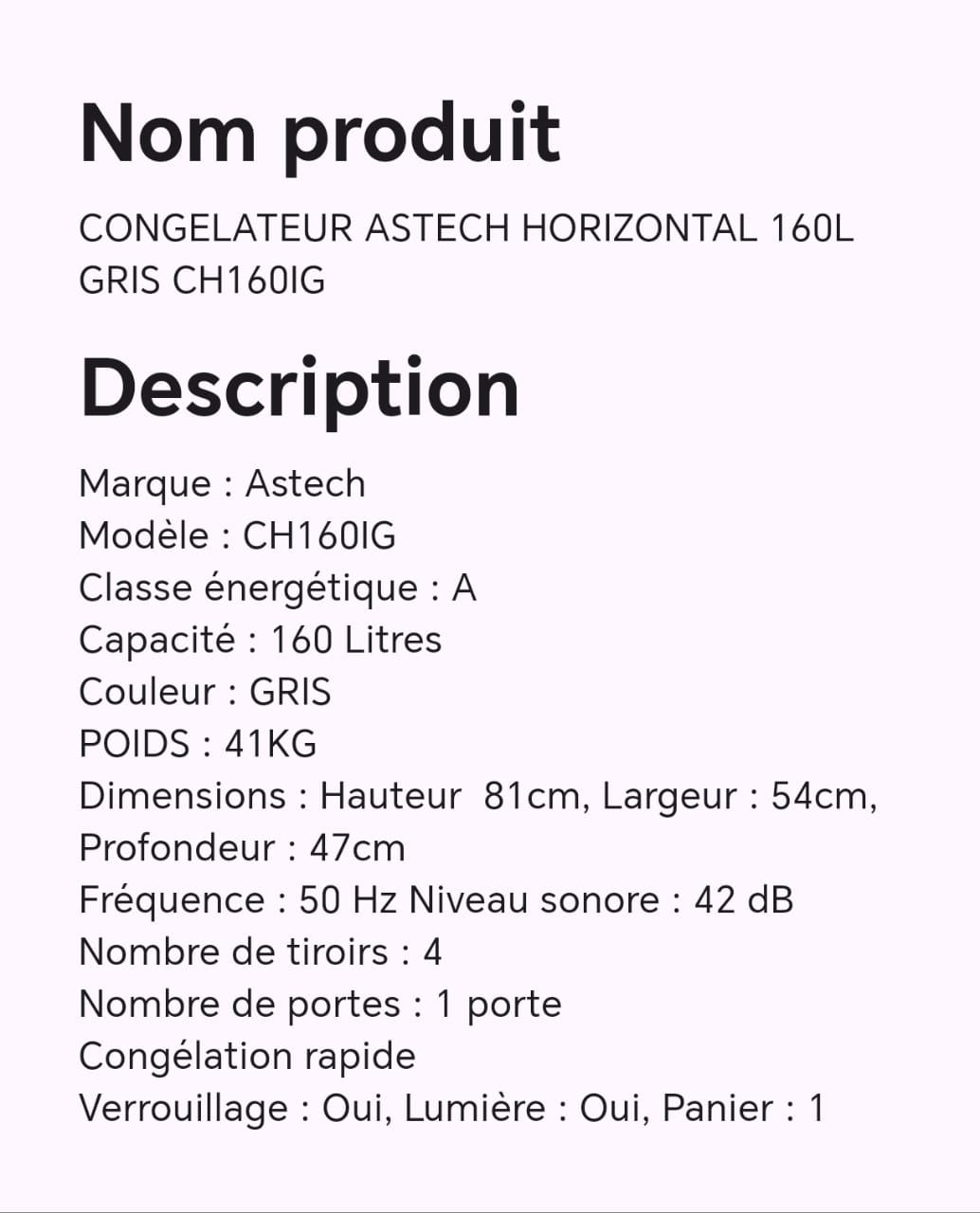 CONGELATEUR ASTECH HORIZONTAL 160L GRIS CH160IG CONGELATEUR ASTECH HORIZONTAL 160L GRIS CH160IG