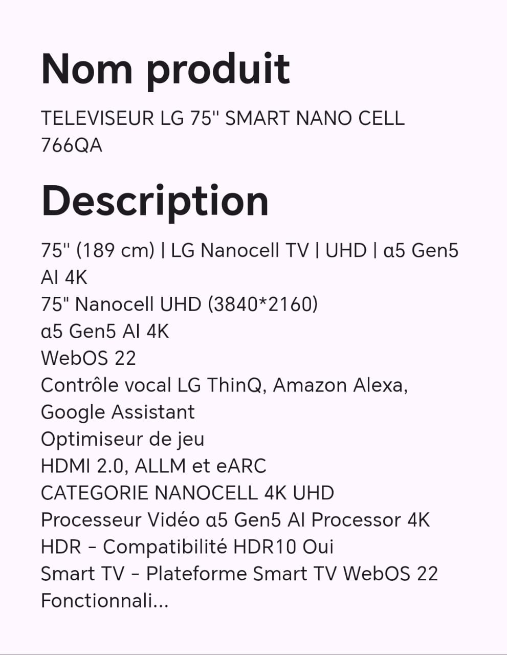 TELEVISEUR LG 75" SMART NANO CELL 766QA TELEVISEUR LG 75" SMART NANO CELL 766QA