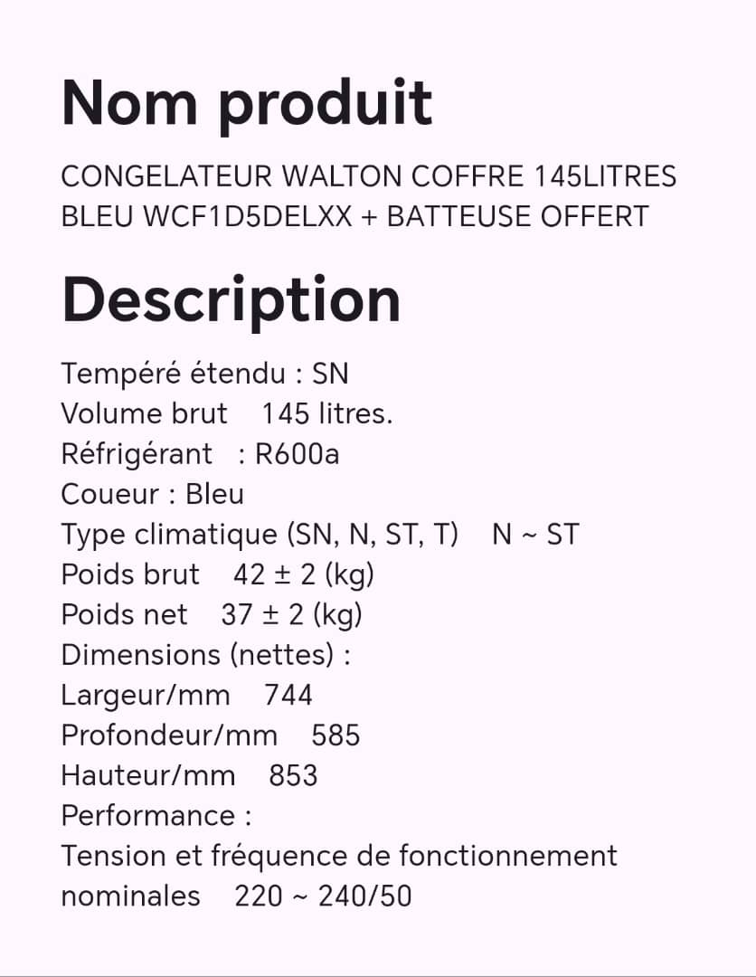 CONGELATEUR WALTON COFFRE 145LITRES BLEU WCF1D5DELXX + BATTEUSE OFFERT CONGELATEUR WALTON COFFRE 145LITRES BLEU WCF1D5DELXX + BATTEUSE OFFERT