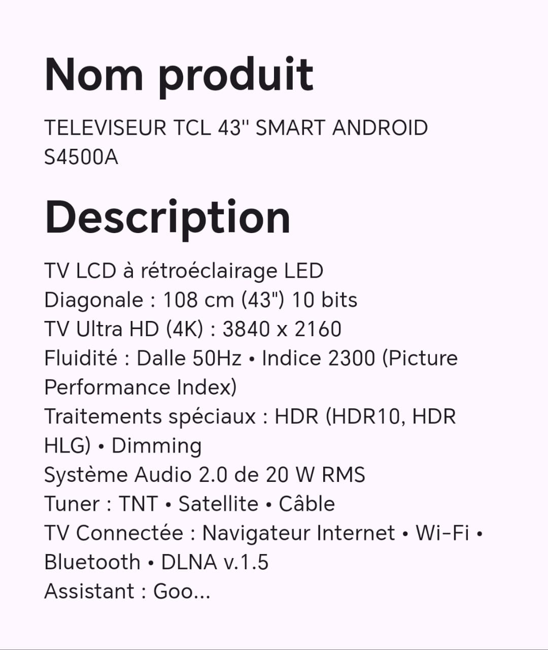 TELEVISEUR TCL 43" SMART ANDROID S4500A TELEVISEUR TCL 43" SMART ANDROID S4500A
