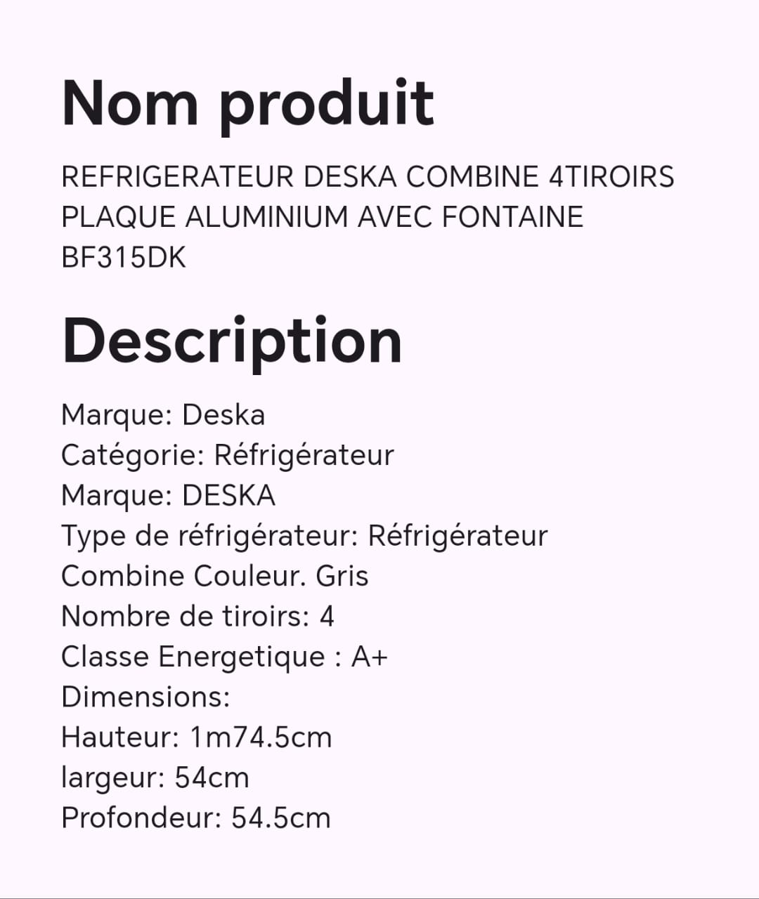 Réfrigérateur DESKA combine 4tiroirs plaque aluminium avec fontaine BF315DK Réfrigérateur DESKA combine 4tiroirs plaque aluminium avec fontaine BF315DK