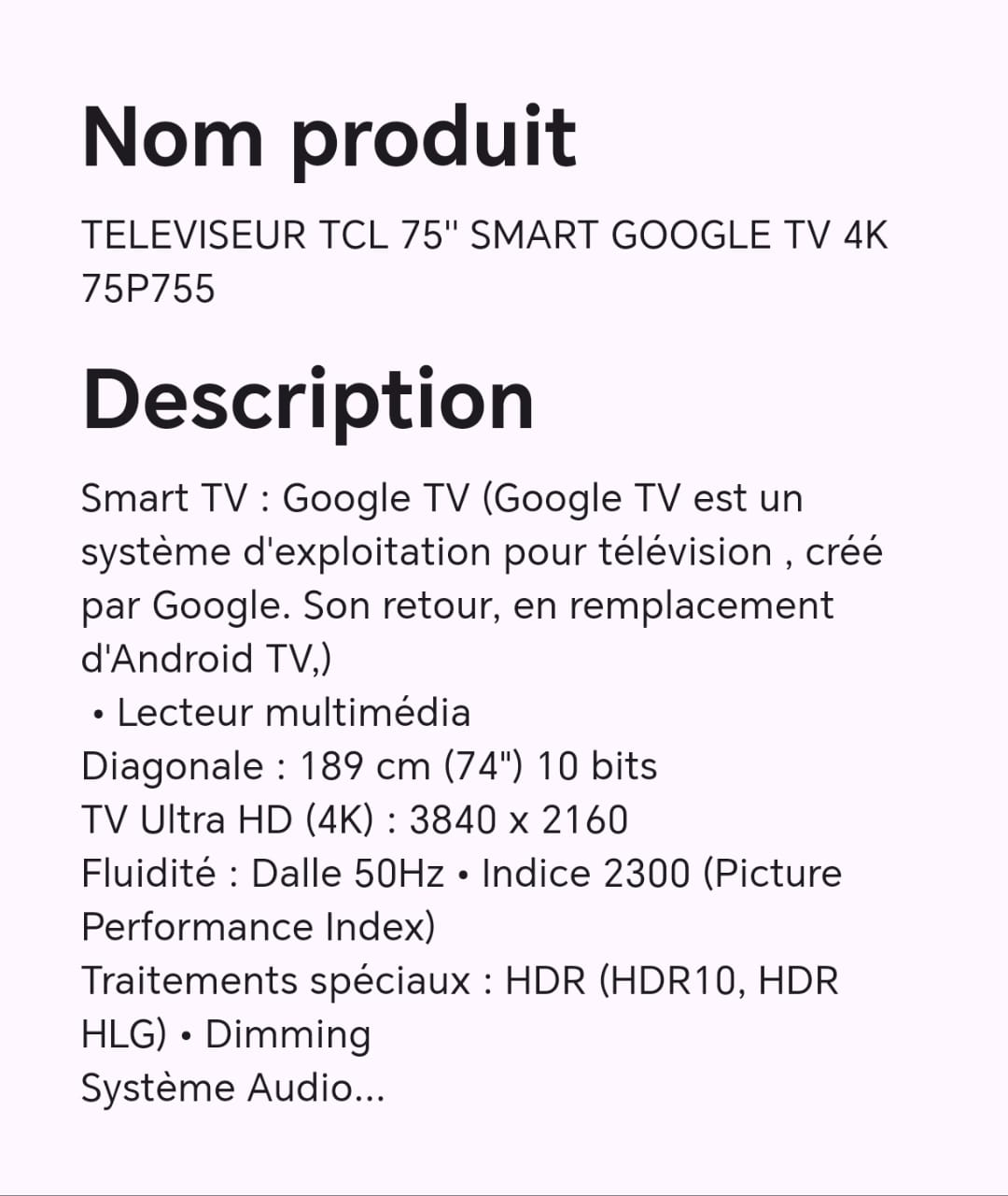TELEVISEUR TCL 75" SMART GOOGLE TV 4K 75P755 TELEVISEUR TCL 75" SMART GOOGLE TV 4K 75P755