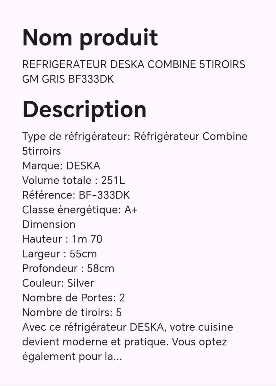 Réfrigérateur DESKA combine 5tiroirs GM gris BF333DK Réfrigérateur DESKA combine 5tiroirs GM gris BF333DK