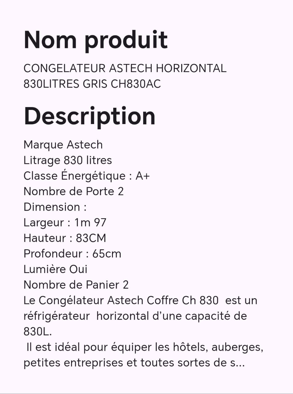 CONGELATEUR ASTECH HORIZONTAL 830LITRES GRIS CH830AC CONGELATEUR ASTECH HORIZONTAL 830LITRES GRIS CH830AC