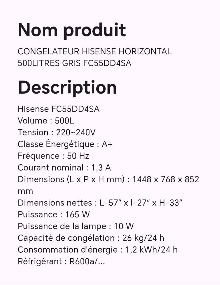 CONGELATEUR HISENSE HORIZONTAL 500LITRES GRIS FC55DD4SA CONGELATEUR HISENSE HORIZONTAL 500LITRES GRIS FC55DD4SA