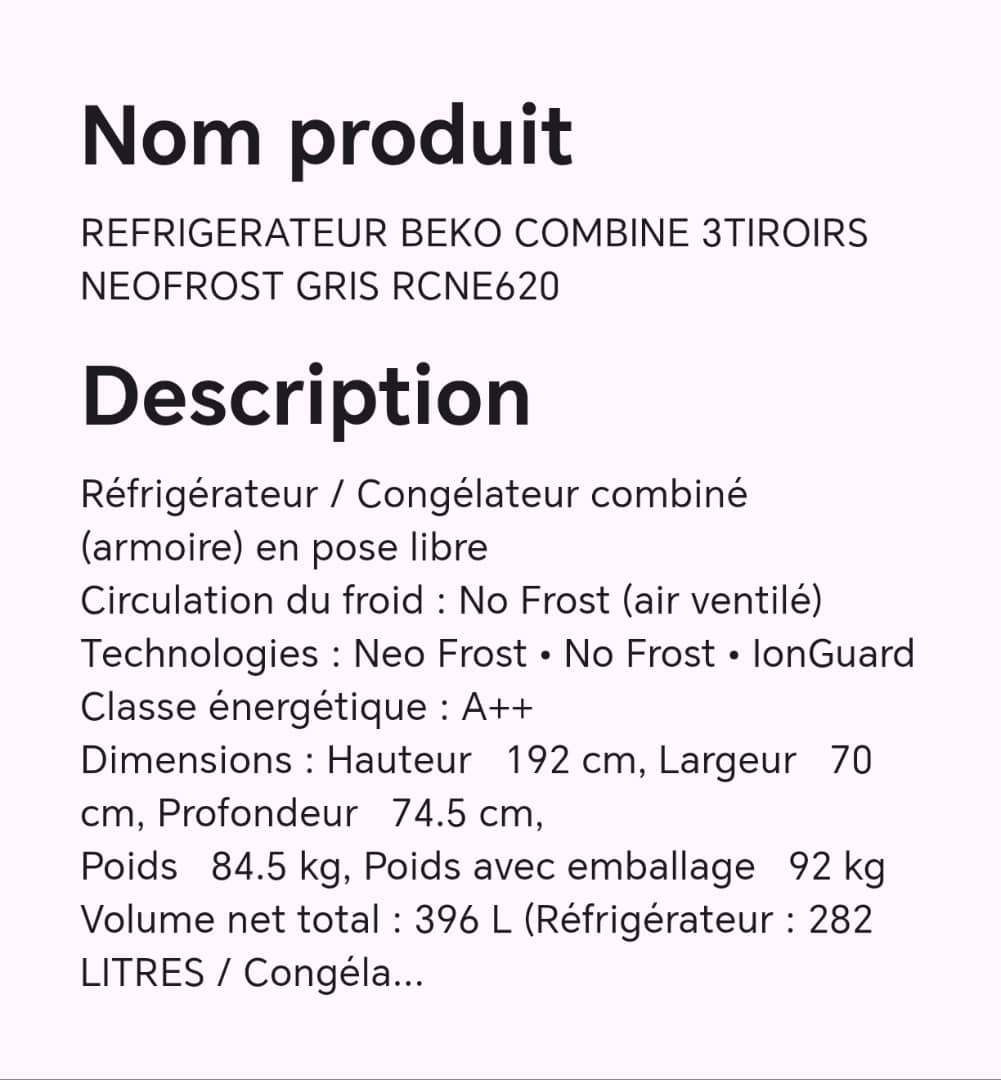 Réfrigérateur BEKO combine 3tiroirs neofrost gris RCNE620 Réfrigérateur BEKO combine 3tiroirs neofrost gris RCNE620