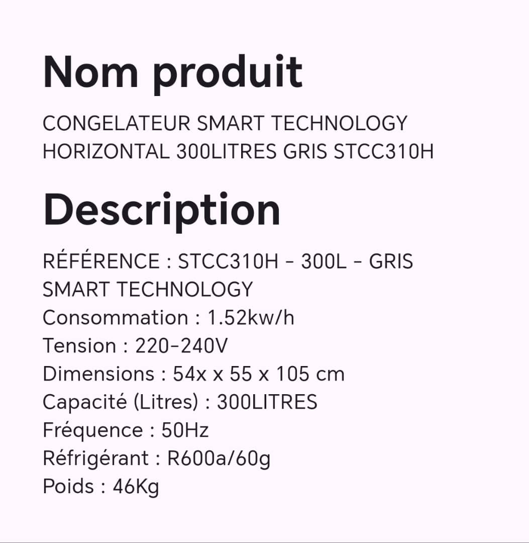 CONGELATEUR SMART TECHNOLOGY HORIZONTAL 300LITRES GRIS STCC310H CONGELATEUR SMART TECHNOLOGY HORIZONTAL 300LITRES GRIS STCC310H
