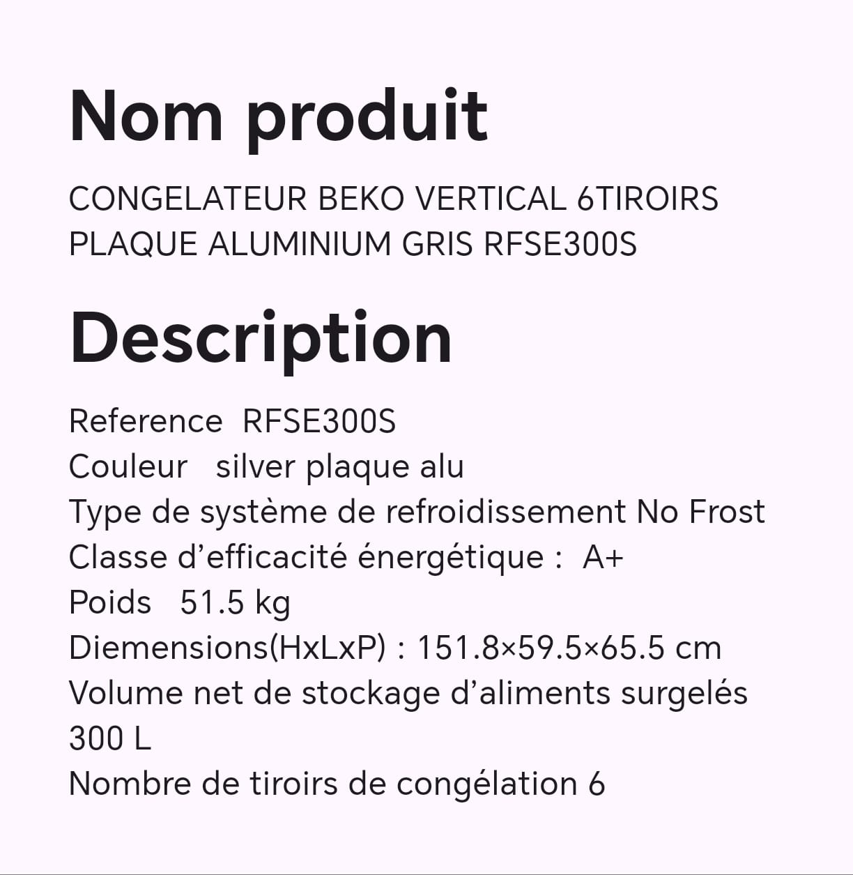 CONGELATEUR BEKO VERTICAL 6TIROIRS PLAQUE ALUMINIUM GRIS RFSE300S CONGELATEUR BEKO VERTICAL 6TIROIRS PLAQUE ALUMINIUM GRIS RFSE300S