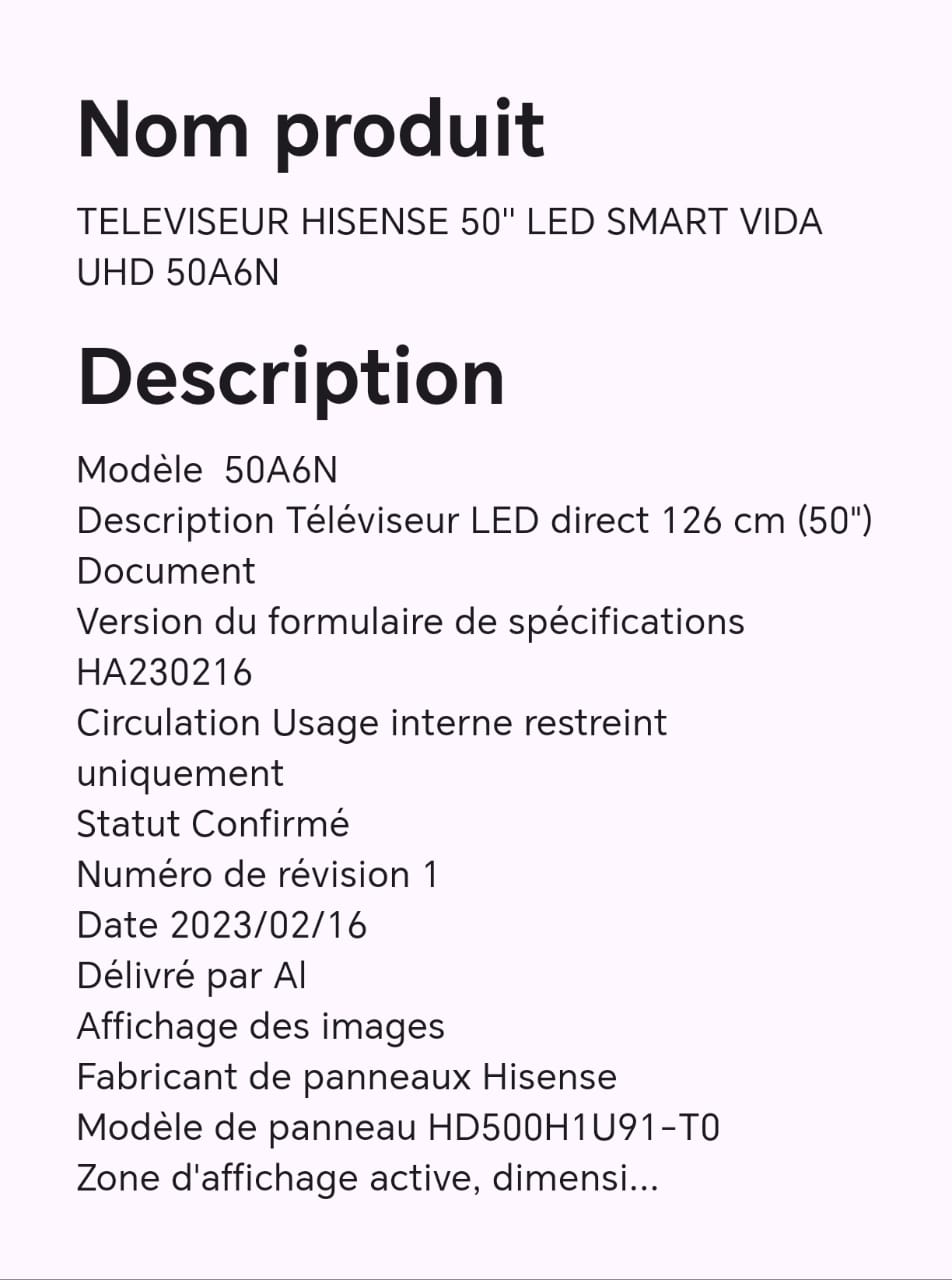 TELEVISEUR HISENSE 50" LED SMART VIDA UHD 50A6N TELEVISEUR HISENSE 50" LED SMART VIDA UHD 50A6N