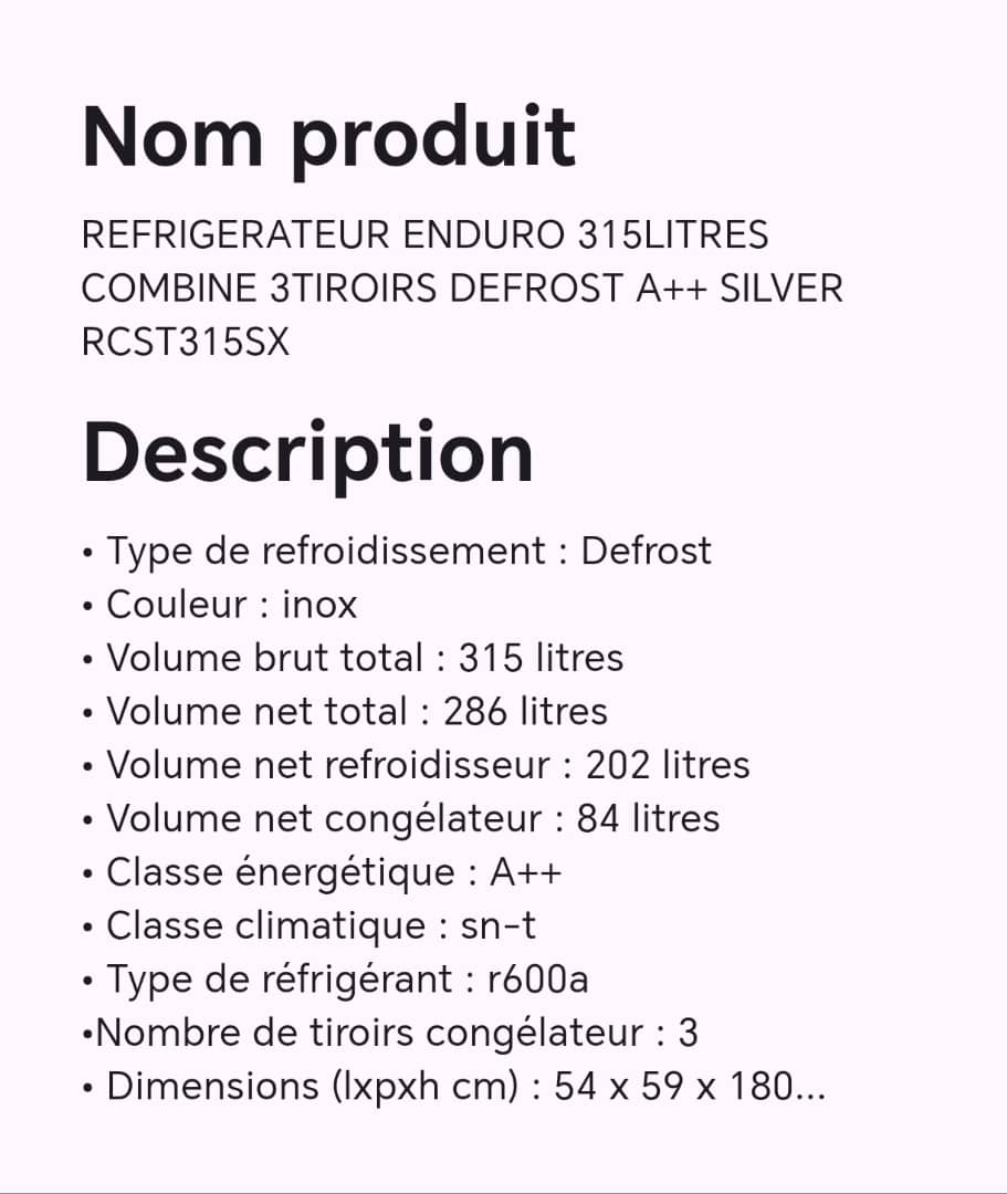Réfrigérateur ENDURO 315litres combine 3tiroirs defrost A++ silver RCST315SX Réfrigérateur ENDURO 315litres combine 3tiroirs defrost A++ silver RCST315SX