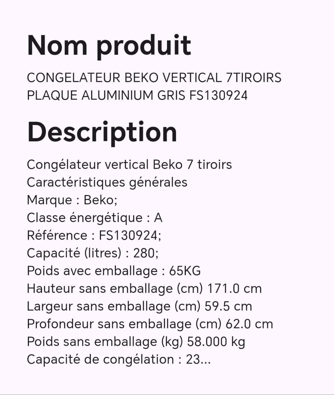 CONGELATEUR BEKO VERTICAL 7TIROIRS PLAQUE ALUMINIUM GRIS FS130924 CONGELATEUR BEKO VERTICAL 7TIROIRS PLAQUE ALUMINIUM GRIS FS130924