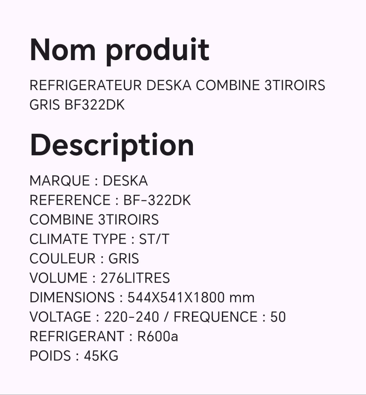 Réfrigérateur DESKA combine 3 tiroirs gris BF322DK Réfrigérateur DESKA combine 3 tiroirs gris BF322DK