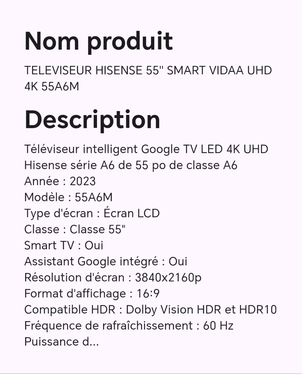 Téléviseur HISENSE 55" smart VIDAA UHD 4K 55A6M Téléviseur HISENSE 55" smart VIDAA UHD 4K 55A6M