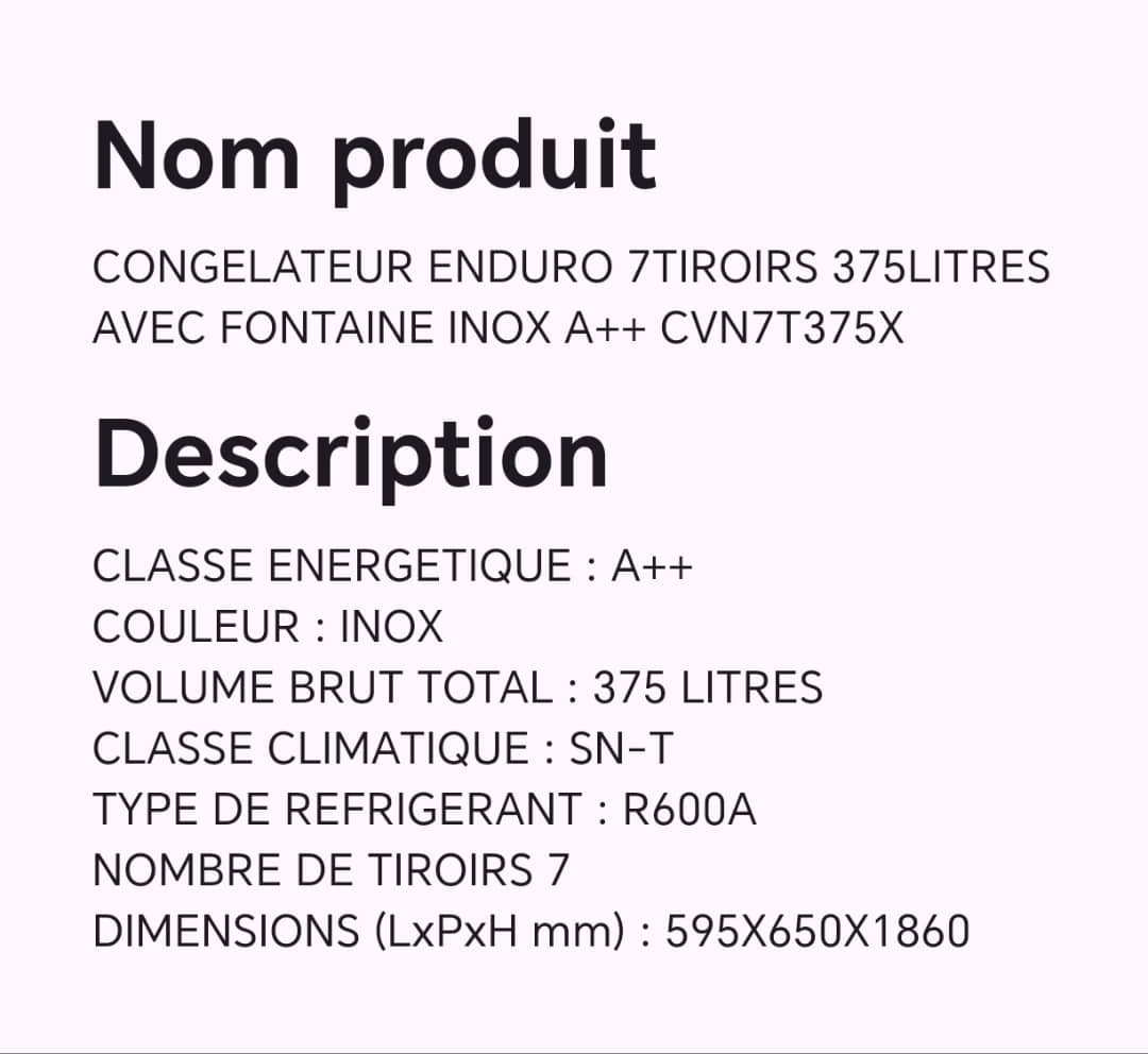 CONGELATEUR ENDURO 7TIROIRS 375LITRES AVEC FONTAINE INOX A++ CVN7T375X CONGELATEUR ENDURO 7TIROIRS 375LITRES AVEC FONTAINE INOX A++ CVN7T375X