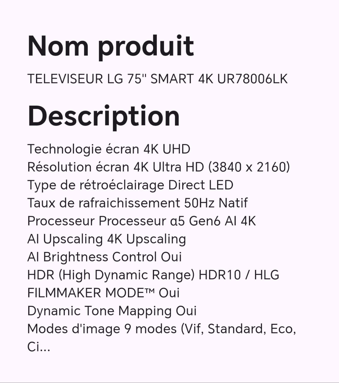 TELEVISEUR LG 75" SMART 4K UR78006LK TELEVISEUR LG 75" SMART 4K UR78006LK