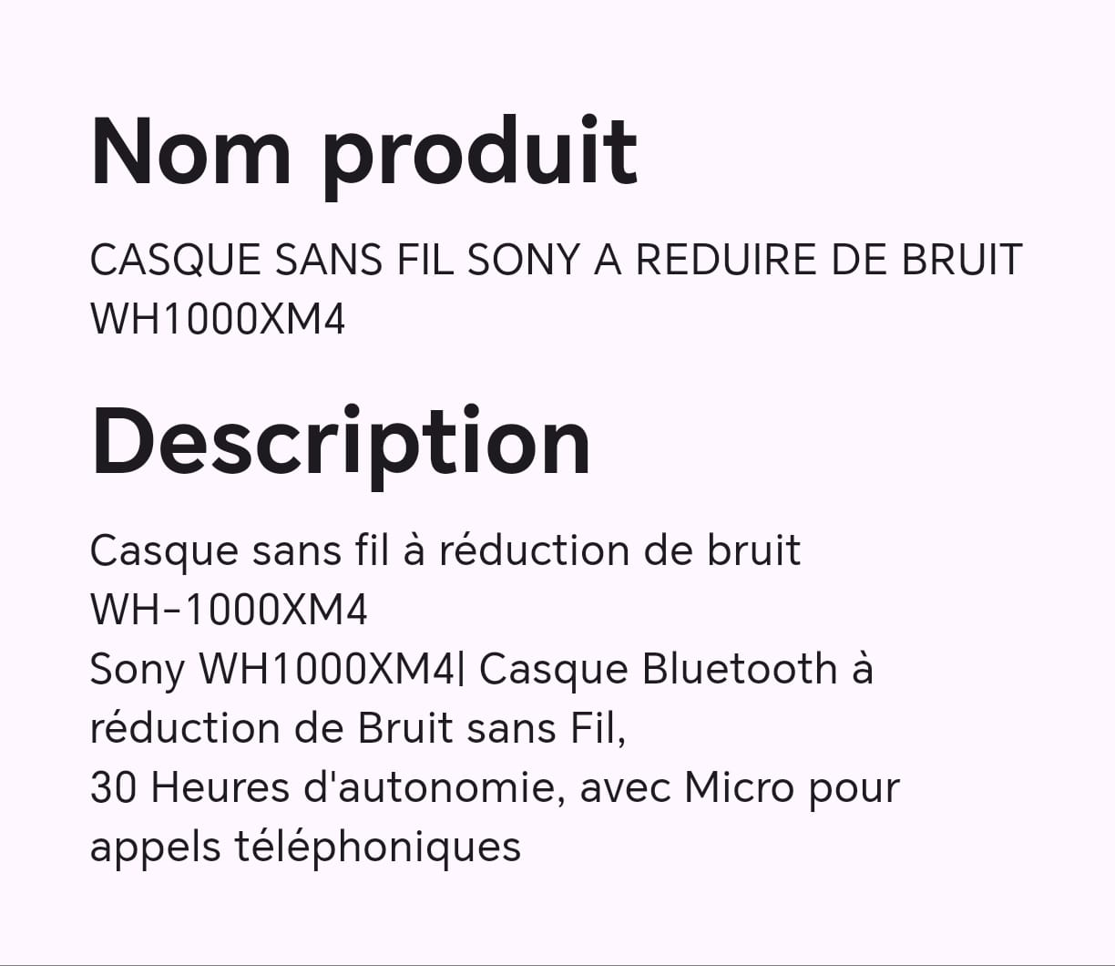 Casque sans fil SONY à réduire de bruit WH1000XM4 Casque sans fil SONY à réduire de bruit WH1000XM4
