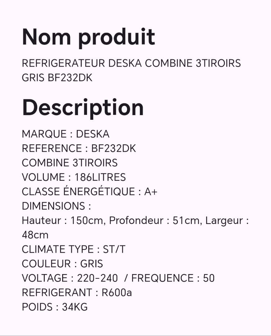 Réfrigérateur DESKA combine 3 tiroirs gris BF232DK Réfrigérateur DESKA combine 3 tiroirs gris BF232DK
