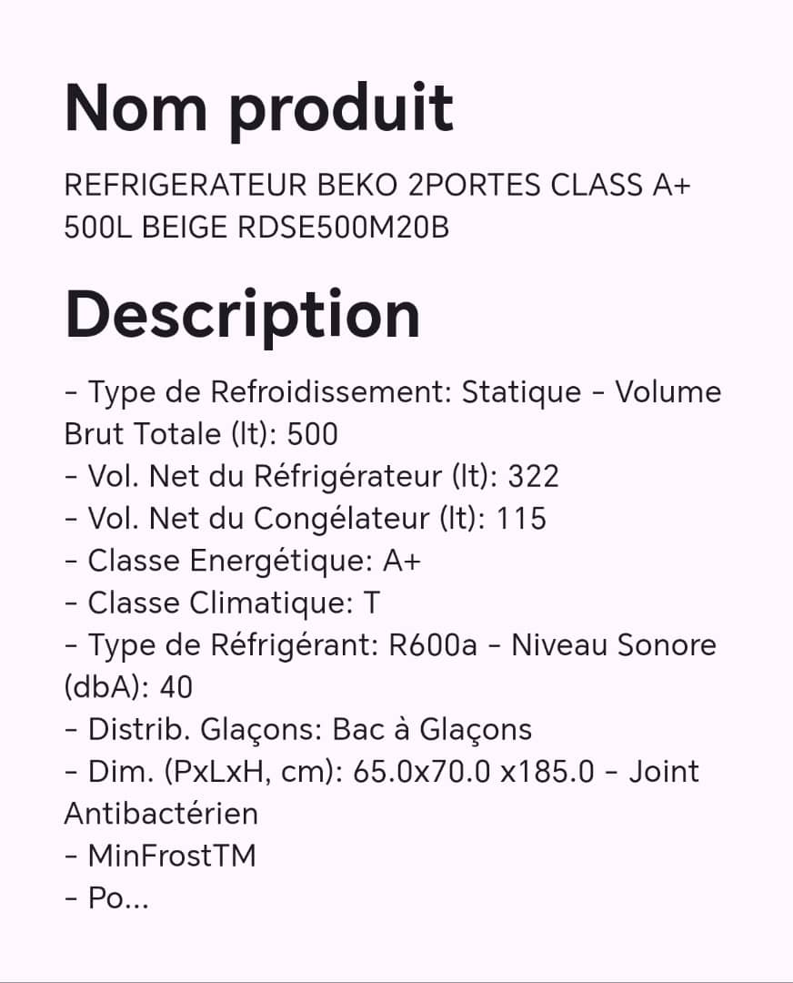 Réfrigérateur BEKO 2portes class A+ 500L beige RDSE500M20B Réfrigérateur BEKO 2portes class A+ 500L beige RDSE500M20B