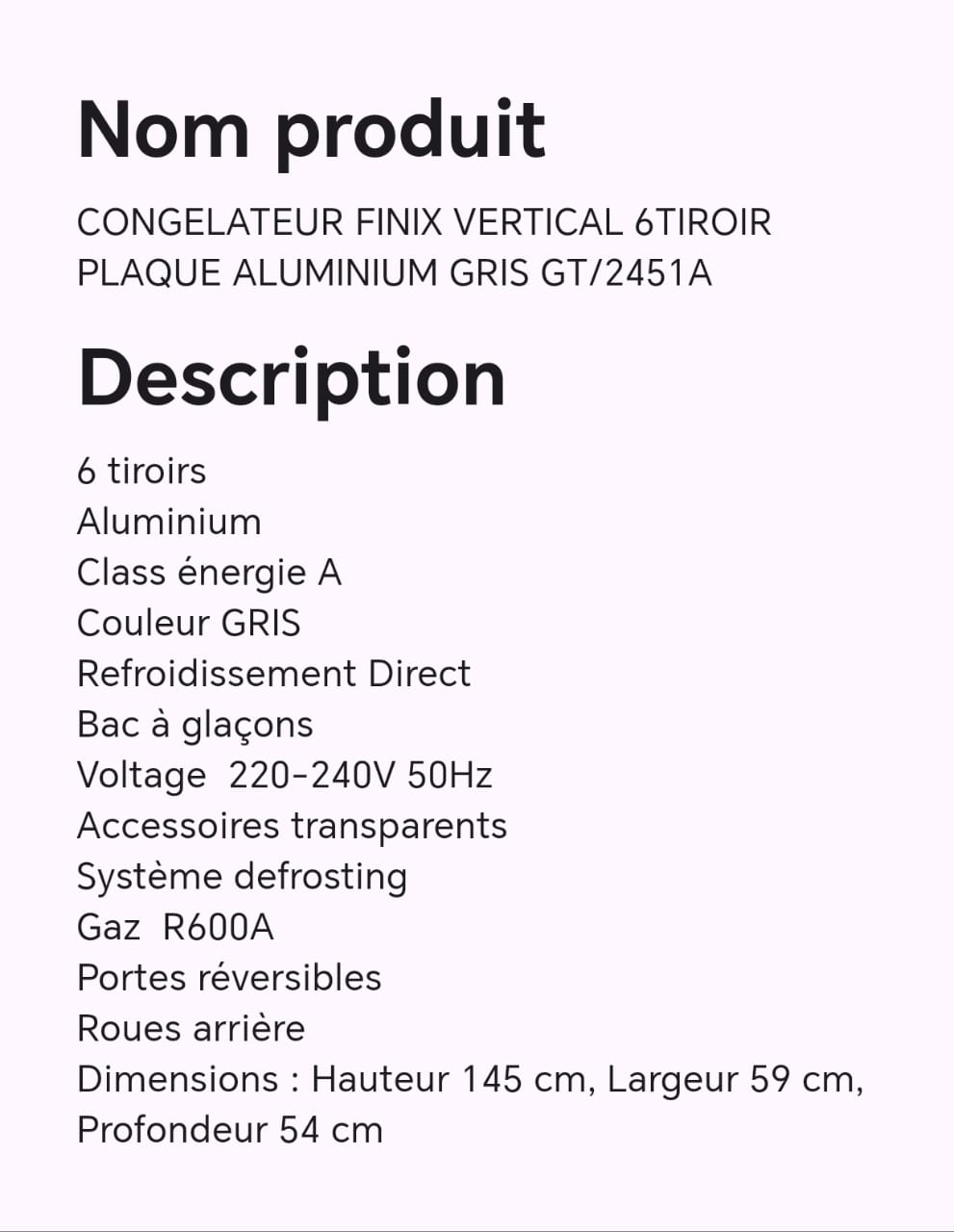 CONGELATEUR FINIX VERTICAL 6TIROIR PLAQUE ALUMINIUM GRIS GT/2451A CONGELATEUR FINIX VERTICAL 6TIROIR PLAQUE ALUMINIUM GRIS GT/2451A