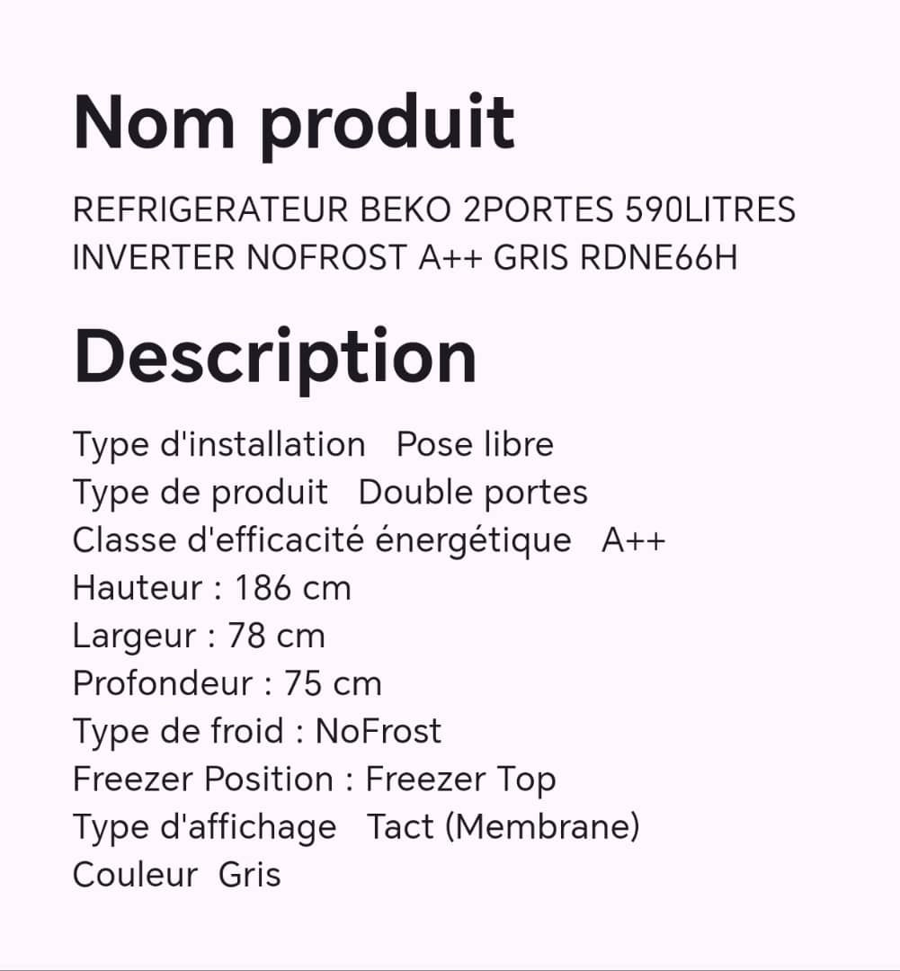 Réfrigérateur BEKO 2portes 590litres INVERTER NOFROST A++ gris RDNE66H Réfrigérateur BEKO 2portes 590litres INVERTER NOFROST A++ gris RDNE66H