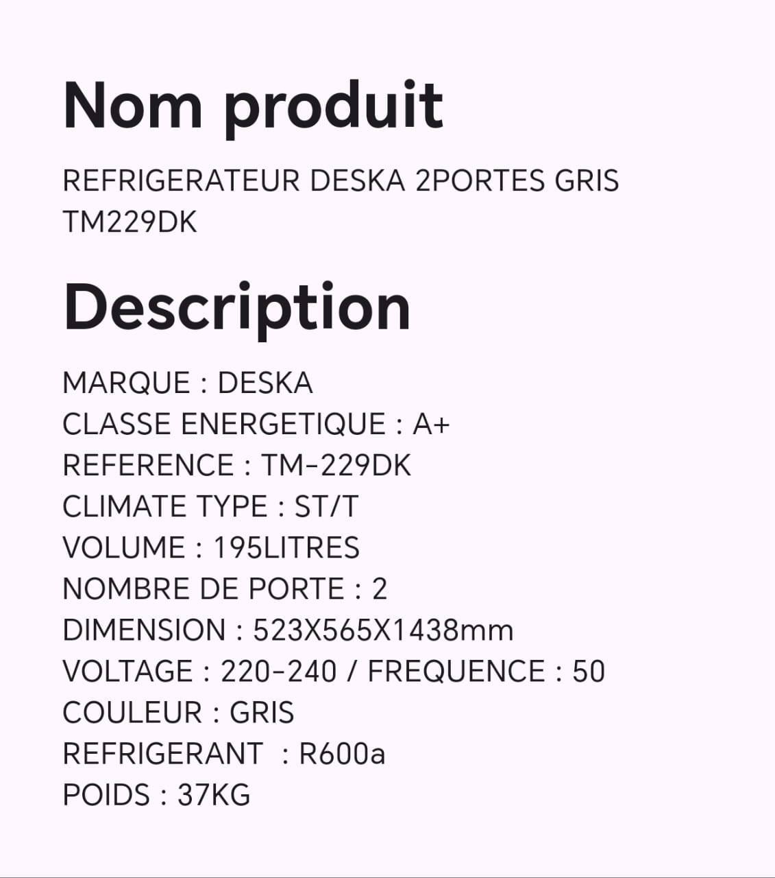 Réfrigérateur DESKA 2portes gris TM229DK Réfrigérateur DESKA 2portes gris TM229DK