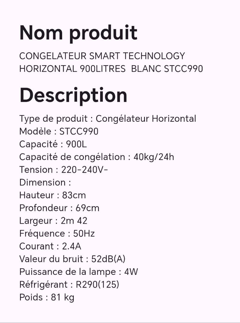 CONGELATEUR SMART TECHNOLOGY HORIZONTAL 900LITRES BLANC STCC990 CONGELATEUR SMART TECHNOLOGY HORIZONTAL 900LITRES BLANC STCC990
