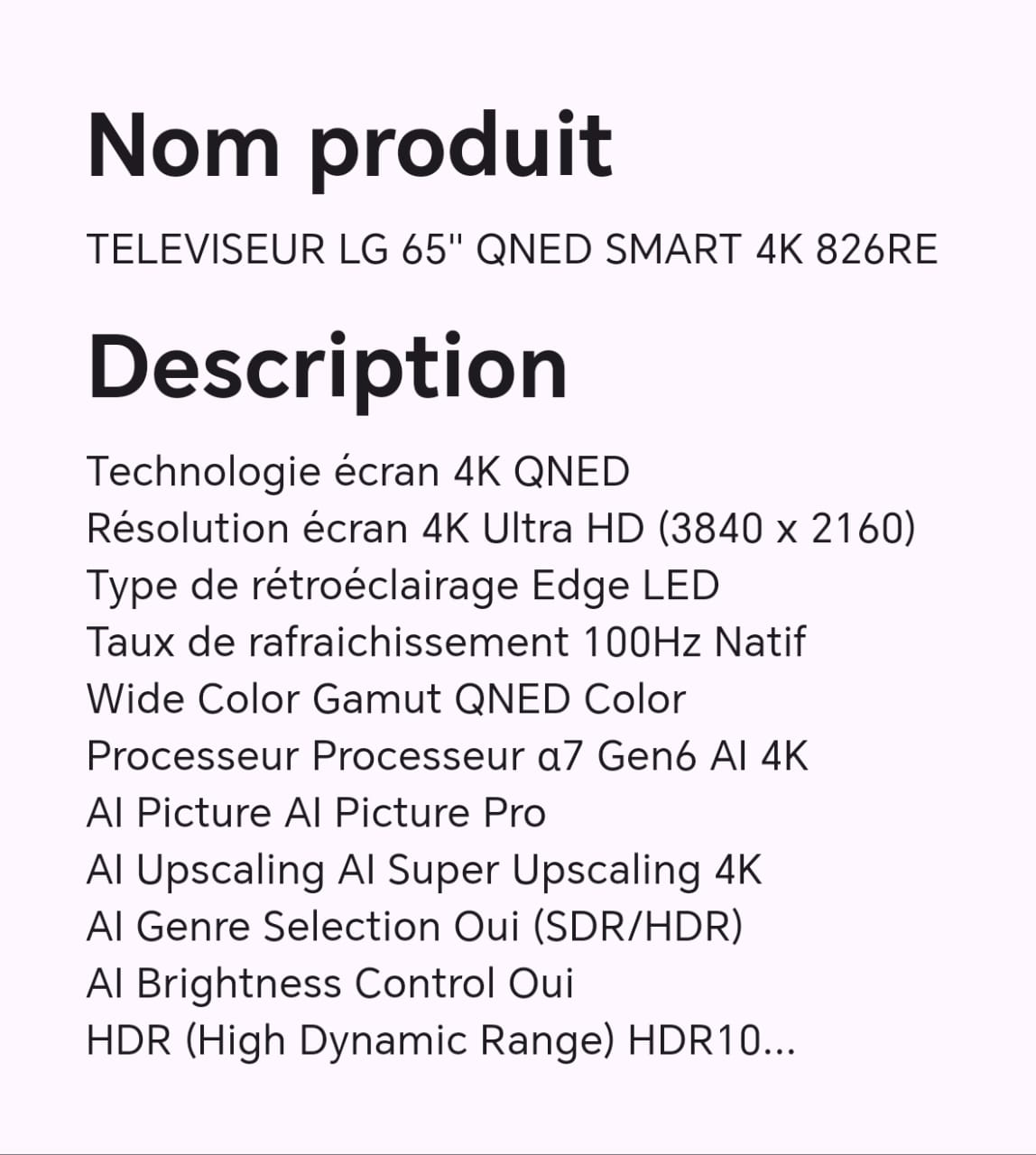 TELEVISEUR LG 65" QNED SMART 4K 826RE TELEVISEUR LG 65" QNED SMART 4K 826RE