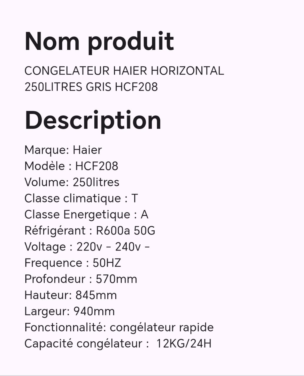 CONGELATEUR HAIER HORIZONTAL 250LITRES GRIS HCF208 CONGELATEUR HAIER HORIZONTAL 250LITRES GRIS HCF208