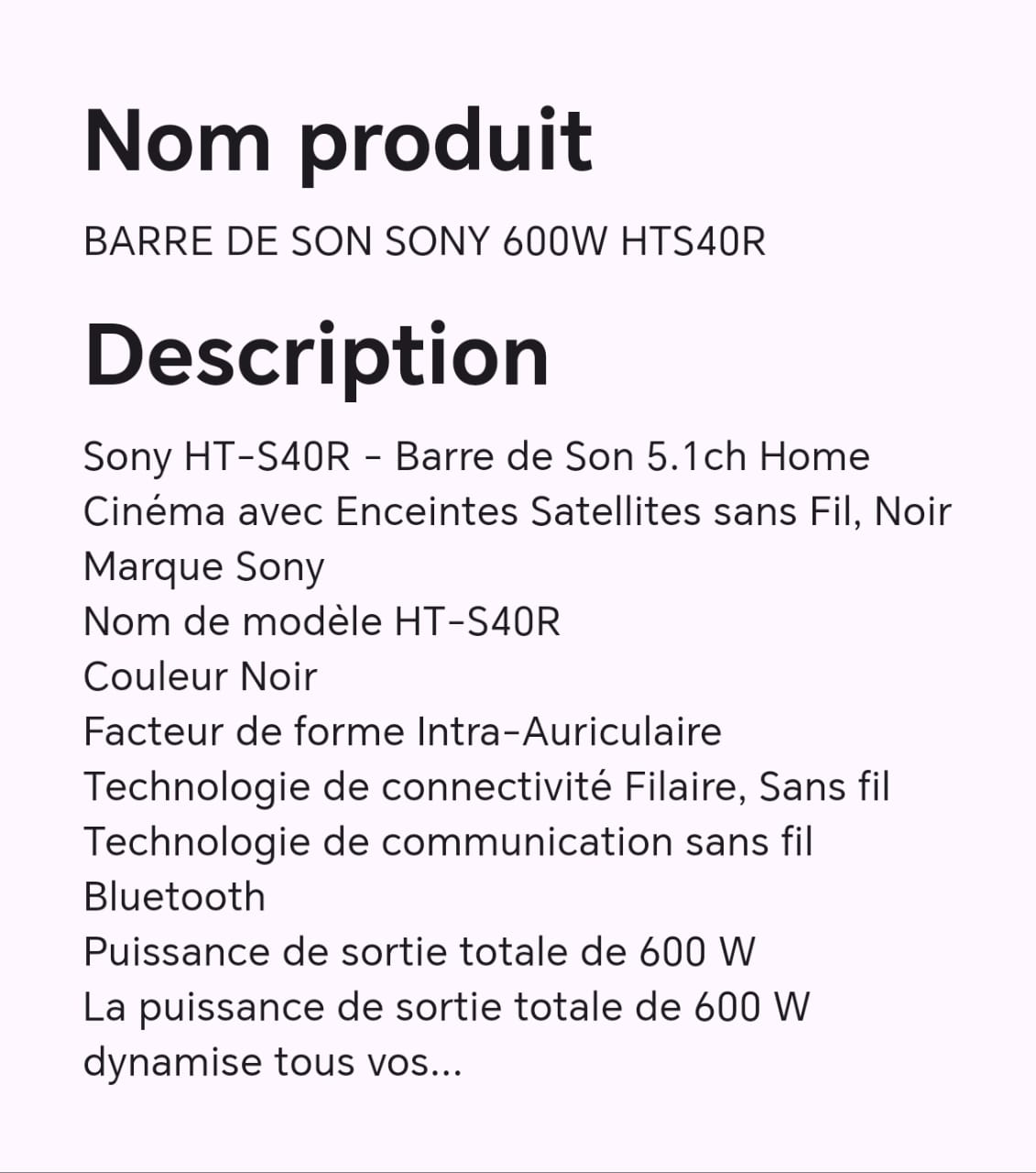 Barre de son SONY 600W HTS40R Barre de son SONY 600W HTS40R