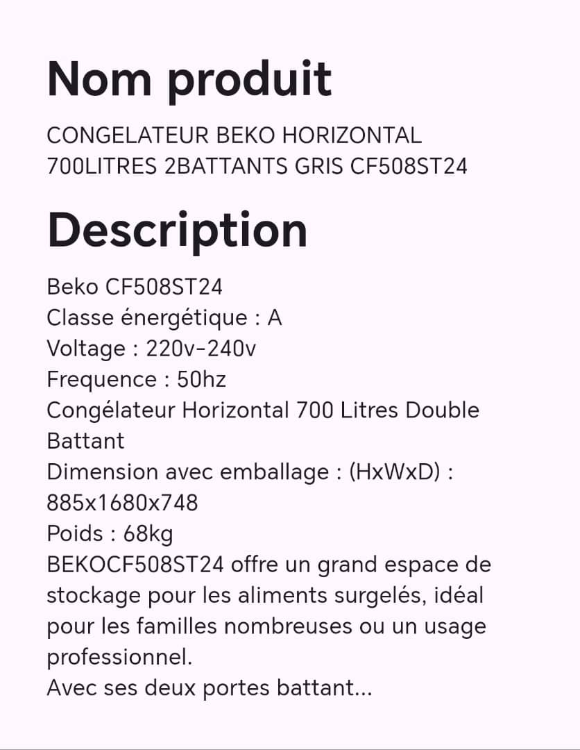 CONGELATEUR BEKO HORIZONTAL 700LITRES 2BATTANTS GRIS CF508ST24 CONGELATEUR BEKO HORIZONTAL 700LITRES 2BATTANTS GRIS CF508ST24