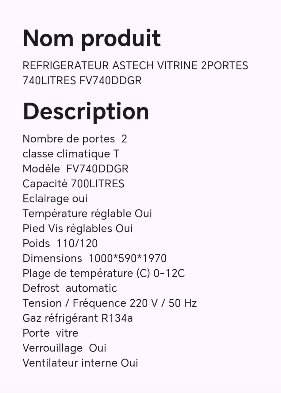 Réfrigérateur ASTECH vitrine 2 portes 740 litres FV740DDGR Réfrigérateur ASTECH vitrine 2 portes 740 litres FV740DDGR