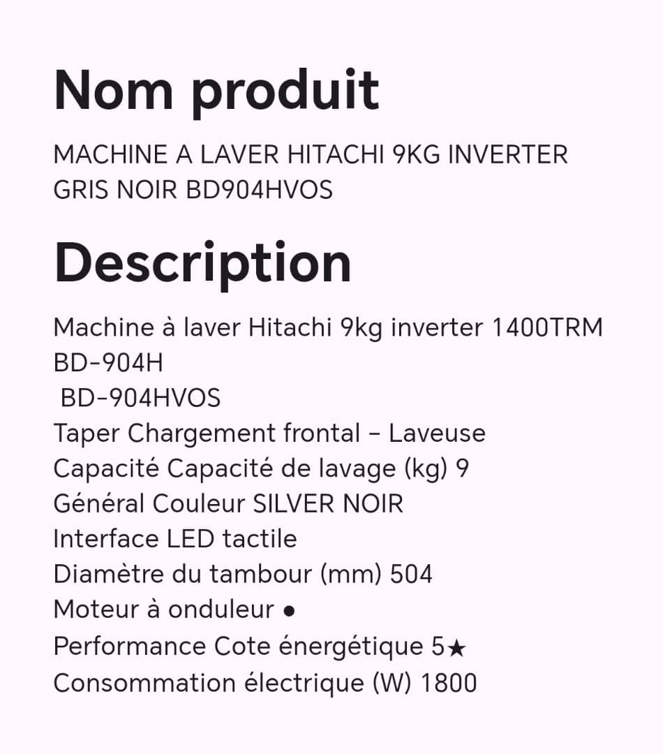 MACHINE A LAVER HITACHI 9KG INVERTER GRIS NOIR BD904HVOS MACHINE A LAVER HITACHI 9KG INVERTER GRIS NOIR BD904HVOS