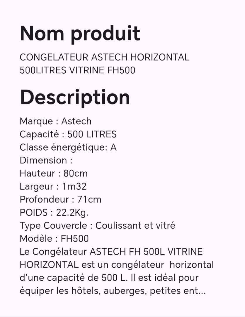 Congélateur ASTECH horizontal 500litres vitrine FH500 Congélateur ASTECH horizontal 500litres vitrine FH500