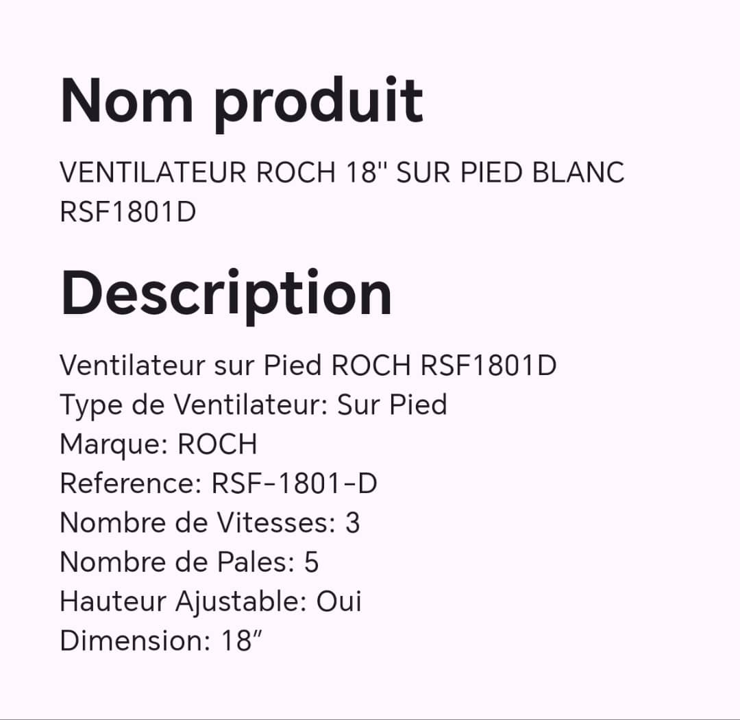 Ventilateur ROCH 18" sur pied blanc RSF1801D Ventilateur ROCH 18" sur pied blanc RSF1801D