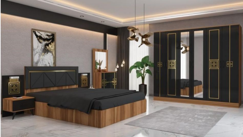 Chambre à coucher 6battants 5pieces marron noir Chambre à coucher 6battants 5pieces marron noir