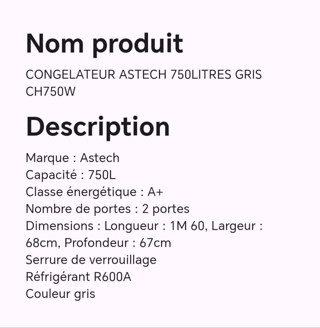 CONGELATEUR ASTECH 750LITRES GRIS CH750W CONGELATEUR ASTECH 750LITRES GRIS CH750W