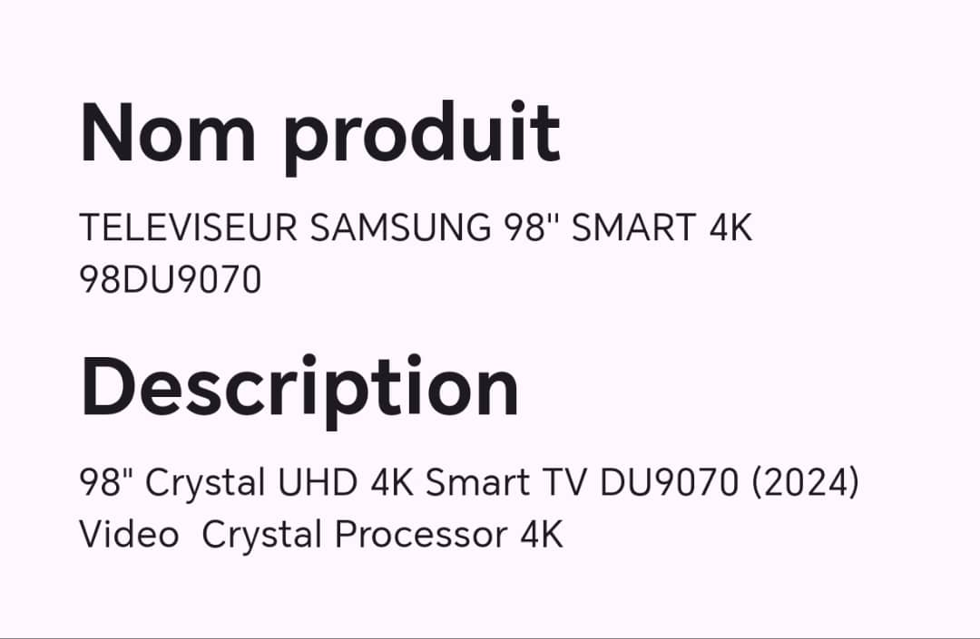 TELEVISEUR SAMSUNG 98" SMART 4K 98DU9070 TELEVISEUR SAMSUNG 98" SMART 4K 98DU9070