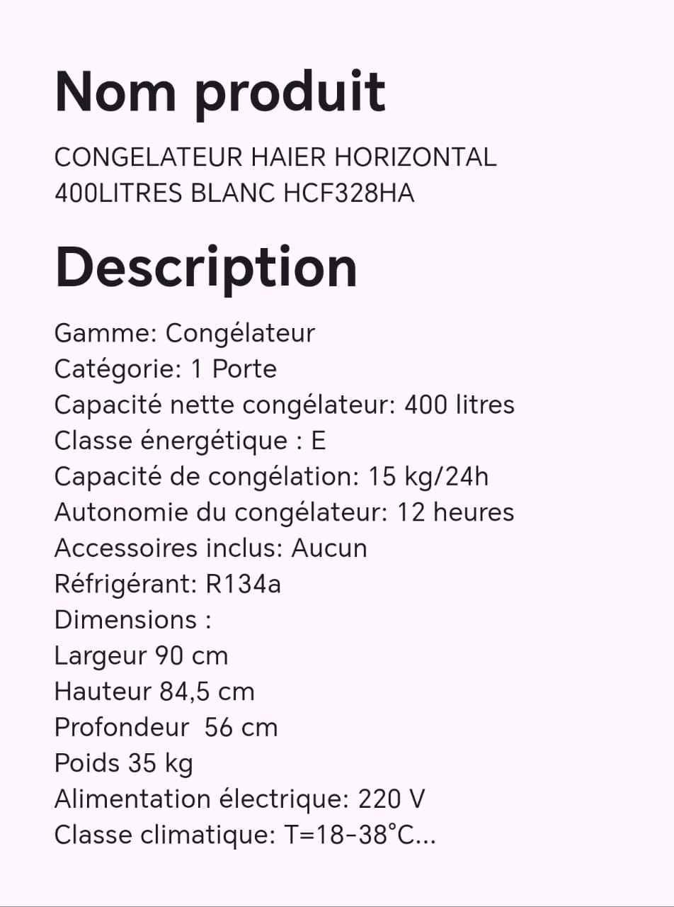 CONGELATEUR HAIER HORIZONTAL 400LITRES BLANC HCF328HA CONGELATEUR HAIER HORIZONTAL 400LITRES BLANC HCF328HA