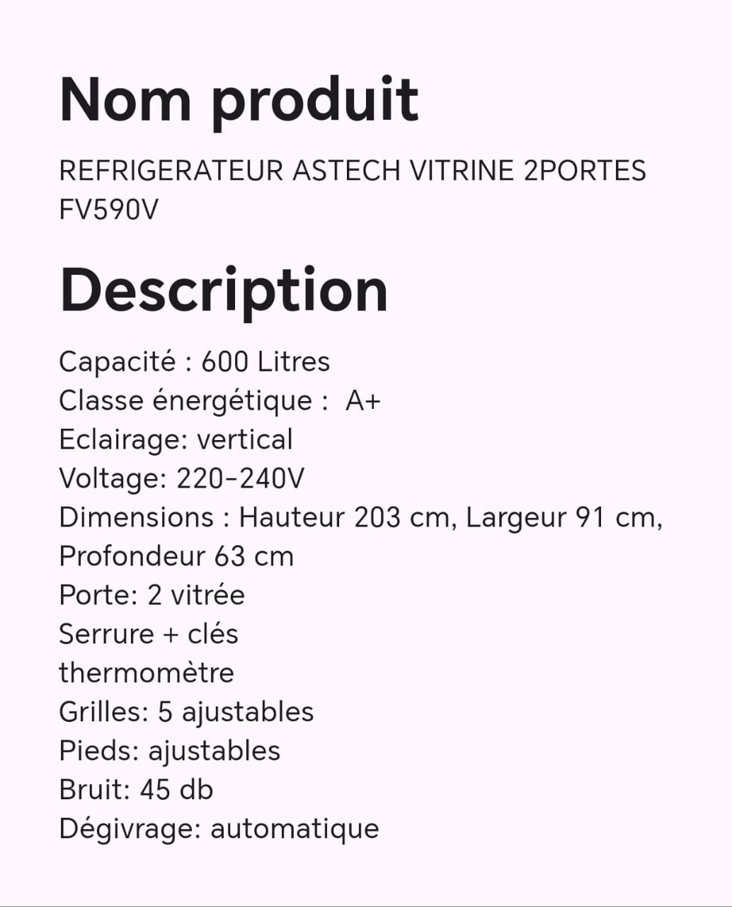 Réfrigérateur ASTECH vitrine 2 portes FV590V Réfrigérateur ASTECH vitrine 2 portes FV590V