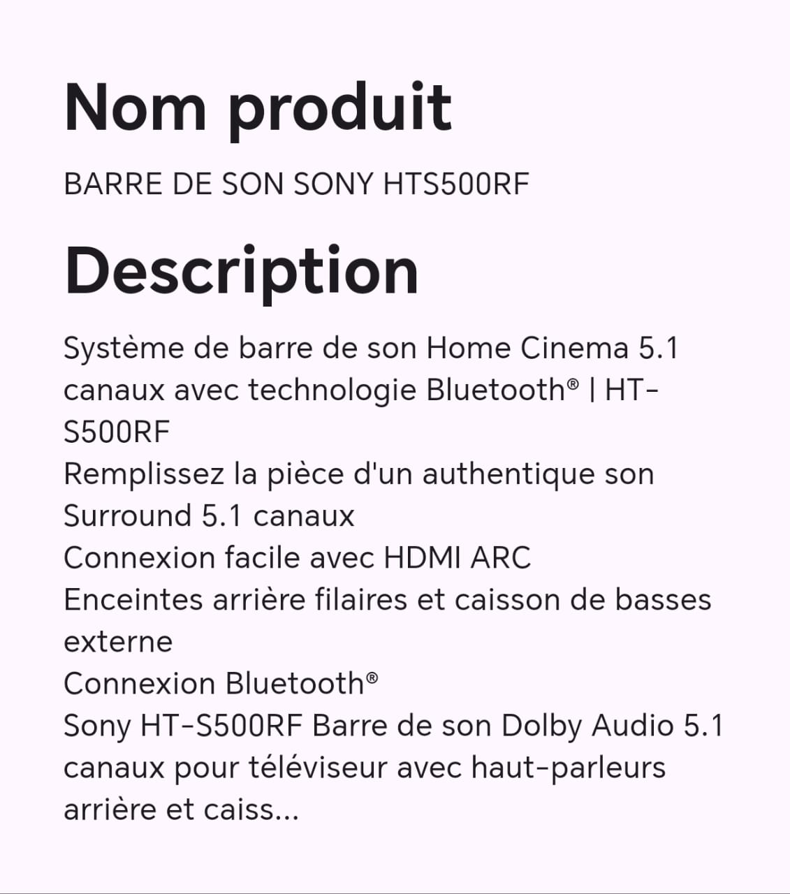Barre de son SONY HTS500RF Barre de son SONY HTS500RF