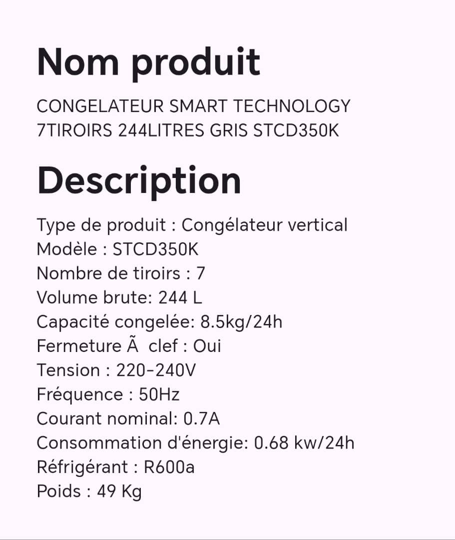 CONGELATEUR SMART TECHNOLOGY 7TIROIRS 244LITRES GRIS STCD350K CONGELATEUR SMART TECHNOLOGY 7TIROIRS 244LITRES GRIS STCD350K