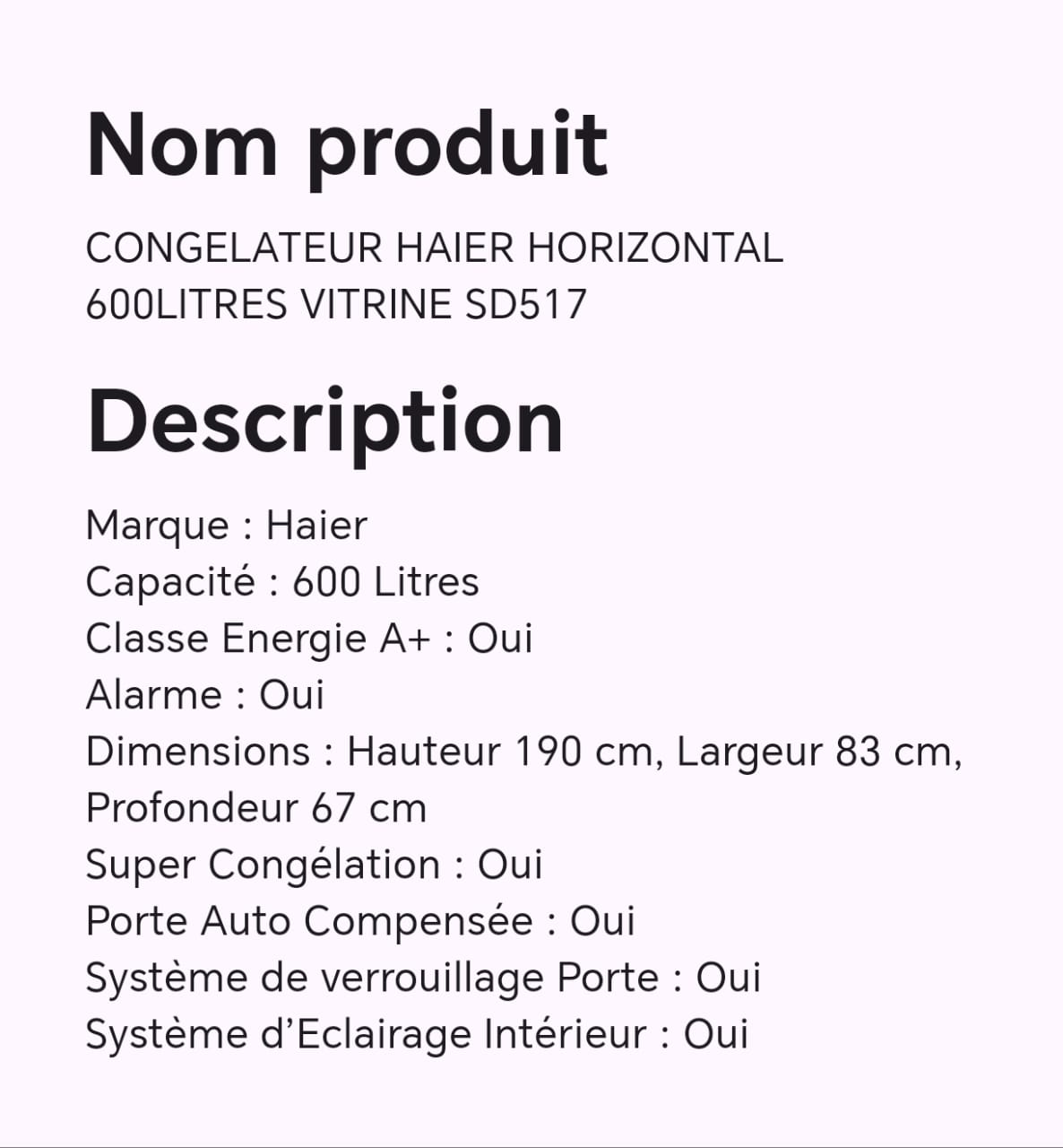 CONGELATEUR HAIER HORIZONTAL 600LITRES VITRINE SD517 CONGELATEUR HAIER HORIZONTAL 600LITRES VITRINE SD517