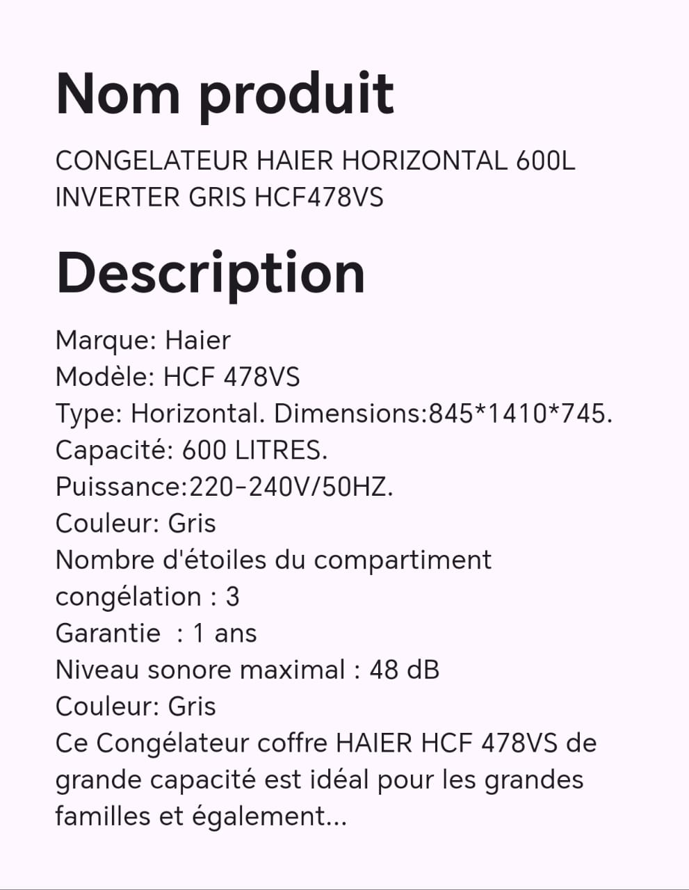 CONGELATEUR HAIER HORIZONTAL 600L INVERTER GRIS HCF478VS CONGELATEUR HAIER HORIZONTAL 600L INVERTER GRIS HCF478VS