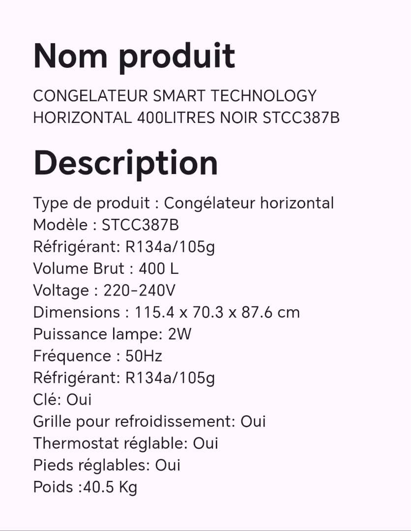 CONGELATEUR SMART TECHNOLOGY HORIZONTAL 400LITRES NOIR STCC387B CONGELATEUR SMART TECHNOLOGY HORIZONTAL 400LITRES NOIR STCC387B