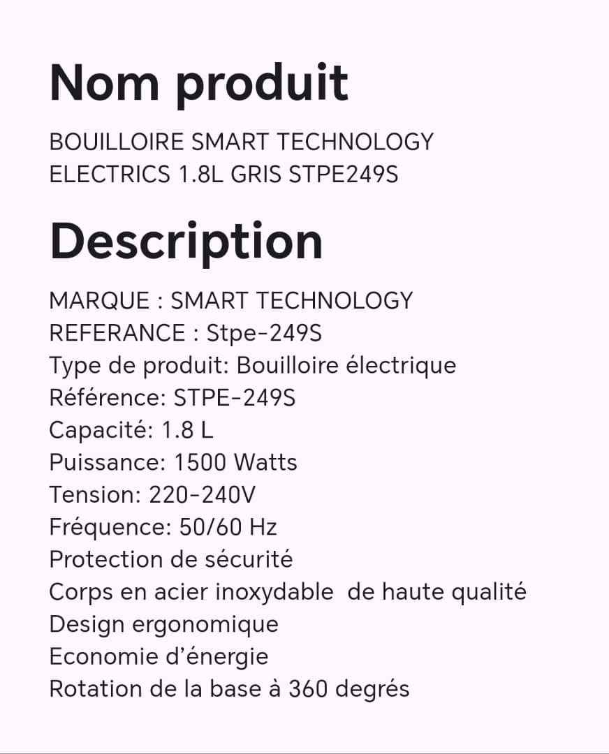 Bouilloire SMART technology electrics 1.8L gris STPE249S Bouilloire SMART technology electrics 1.8L gris STPE249S