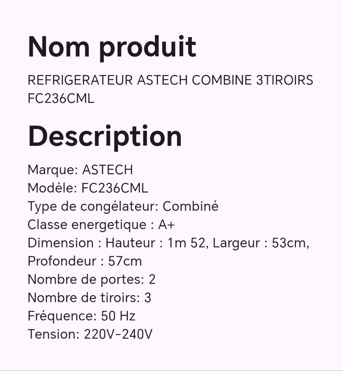 REFRIGERATEUR ASTECH combine 3 tiroirs FC236CML REFRIGERATEUR ASTECH combine 3 tiroirs FC236CML