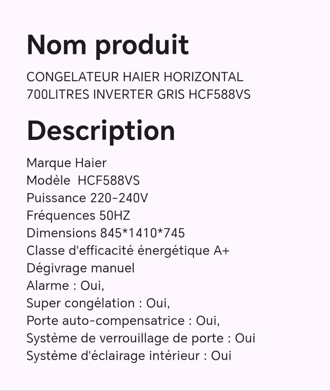 CONGELATEUR HAIER HORIZONTAL 700LITRES INVERTER GRIS HCF588VS CONGELATEUR HAIER HORIZONTAL 700LITRES INVERTER GRIS HCF588VS