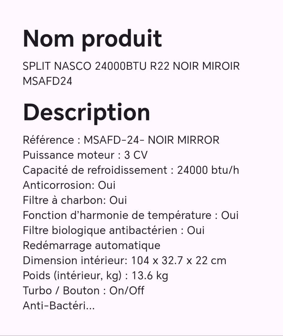 SPLIT NASCO 24000BTU R22 NOIR MIROIR MSAFD24 SPLIT NASCO 24000BTU R22 NOIR MIROIR MSAFD24