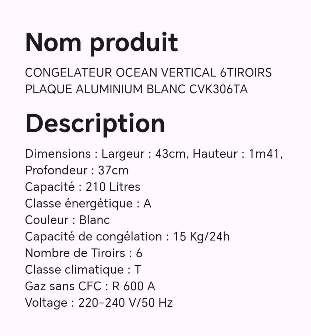 CONGELATEUR OCEAN VERTICAL 6TIROIRS PLAQUE ALUMINIUM BLANC CVK306TA CONGELATEUR OCEAN VERTICAL 6TIROIRS PLAQUE ALUMINIUM BLANC CVK306TA